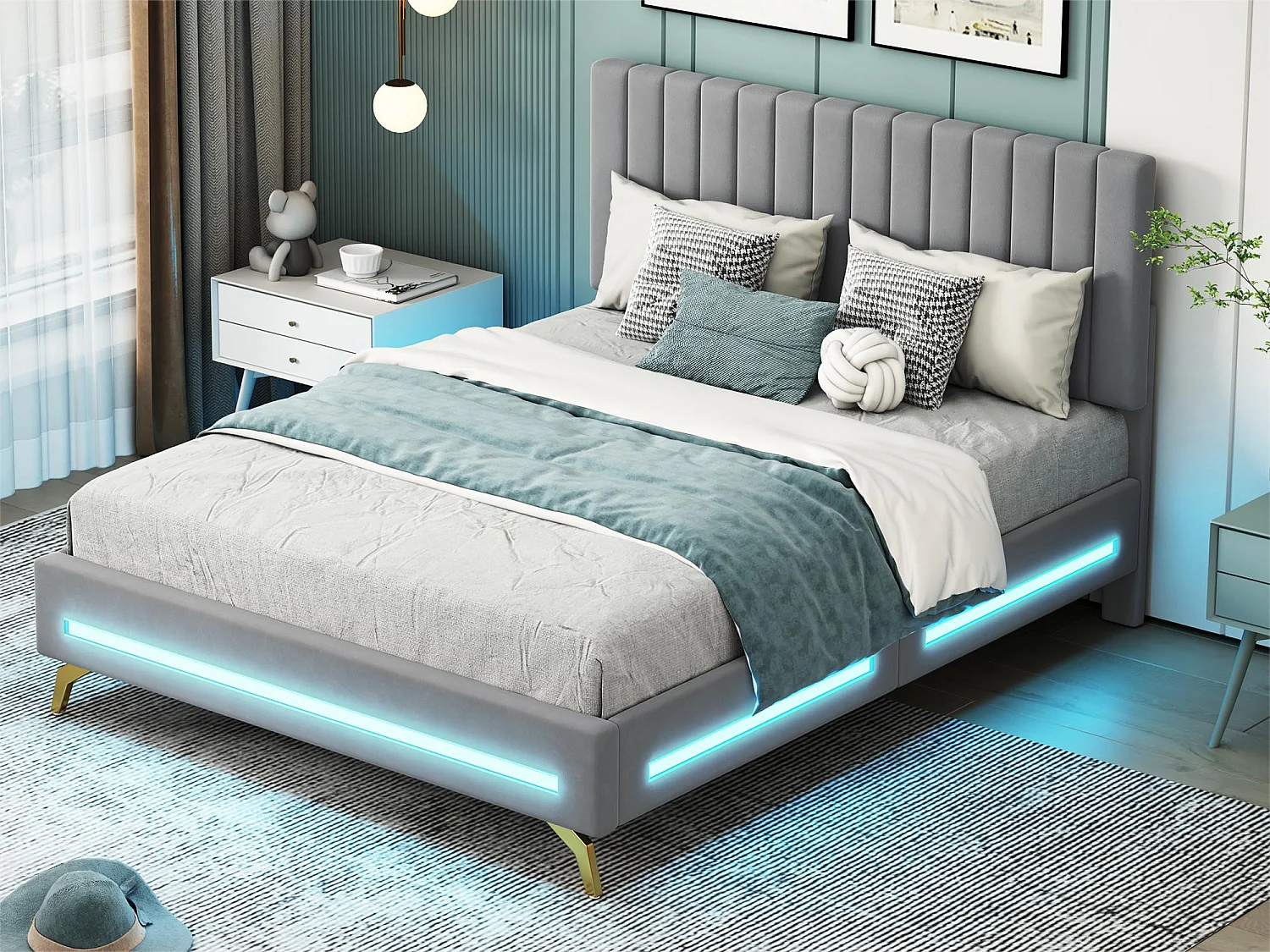 Gestoffeerd bed 140 x 200 cm met verstelbaar hoofdeinde - fluweel - LED's - grijs