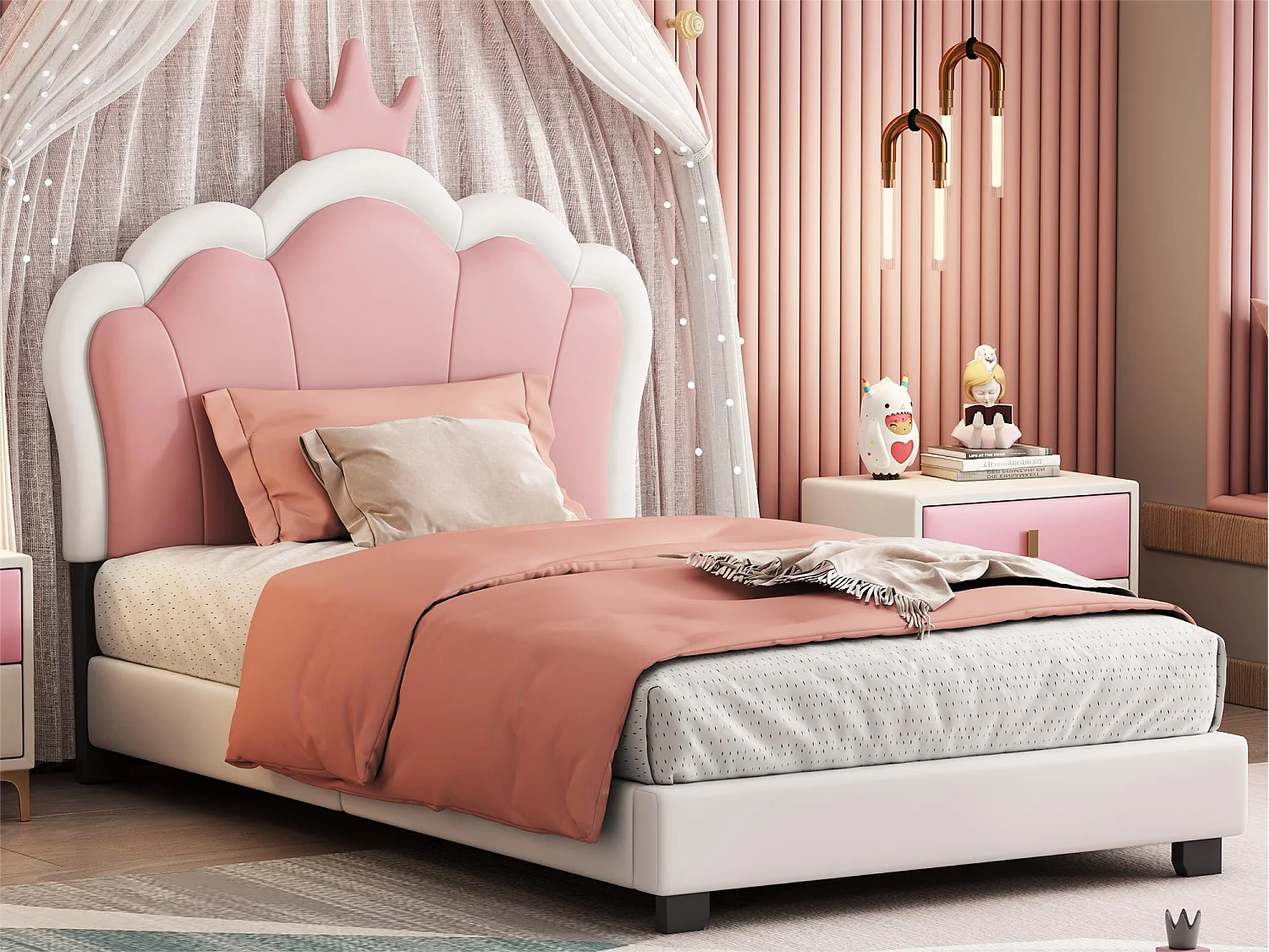 Lit enfant 90 x 200 cm avec tête de lit en forme courronne, rembourré en similicuir, pour fille, rose + blanc