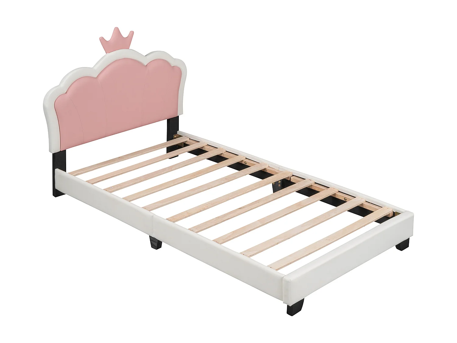 Lit enfant 90 x 200 cm avec tête de lit en forme courronne, rembourré en similicuir, pour fille, rose + blanc