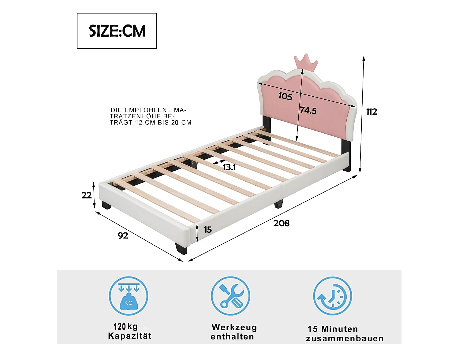 Lit enfant 90 x 200 cm avec tête de lit en forme courronne, rembourré en similicuir, pour fille, rose + blanc