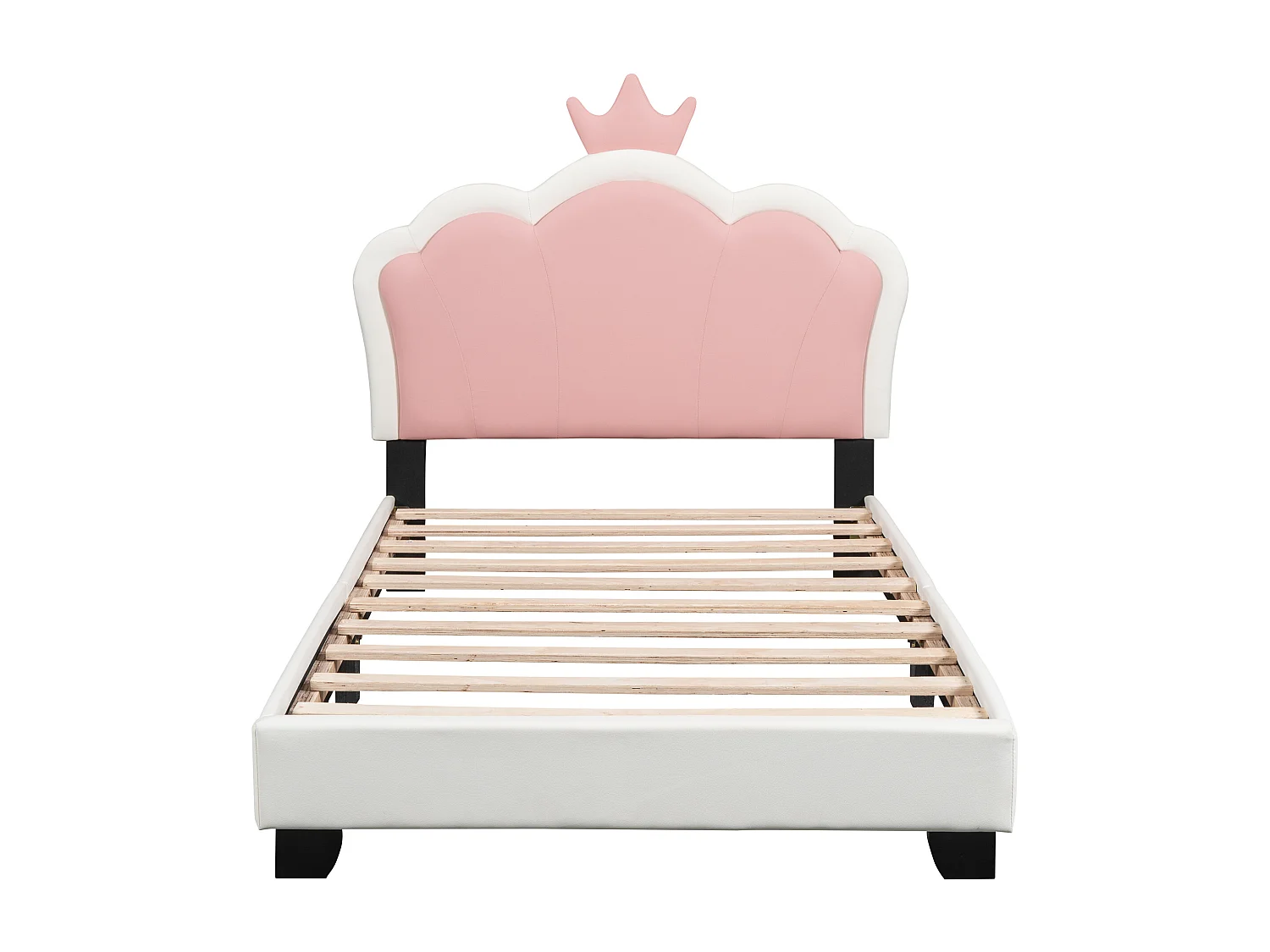 Lit enfant 90 x 200 cm avec tête de lit en forme courronne, rembourré en similicuir, pour fille, rose + blanc