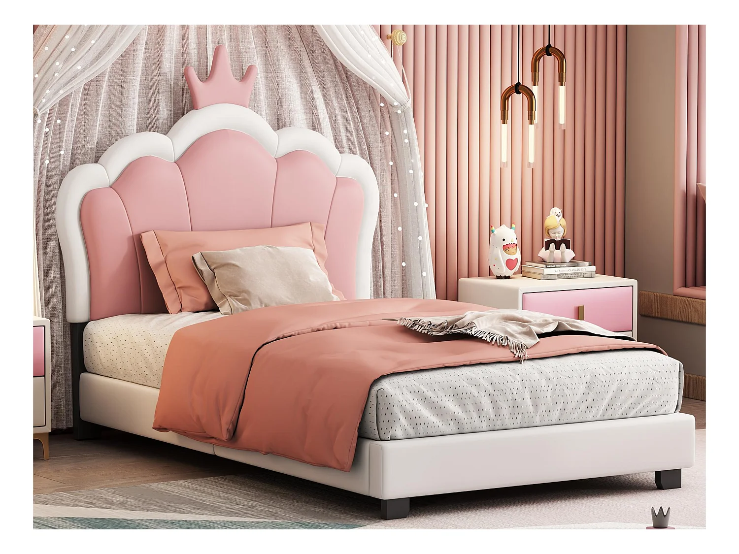 Lit enfant 90 x 200 cm avec tête de lit en forme courronne, rembourré en similicuir, pour fille, rose + blanc