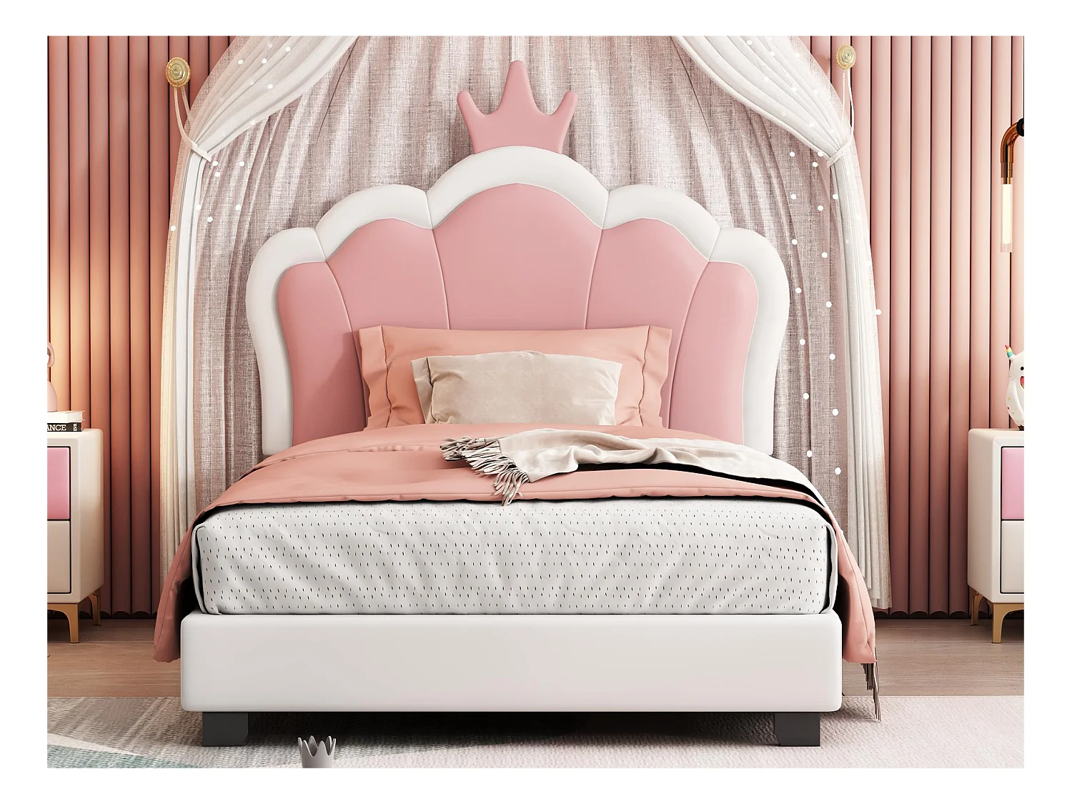 Cama infantil de 90 x 200 cm con cabecero en forma de corona, tapizada en polipiel, para niña, rosa + blanco