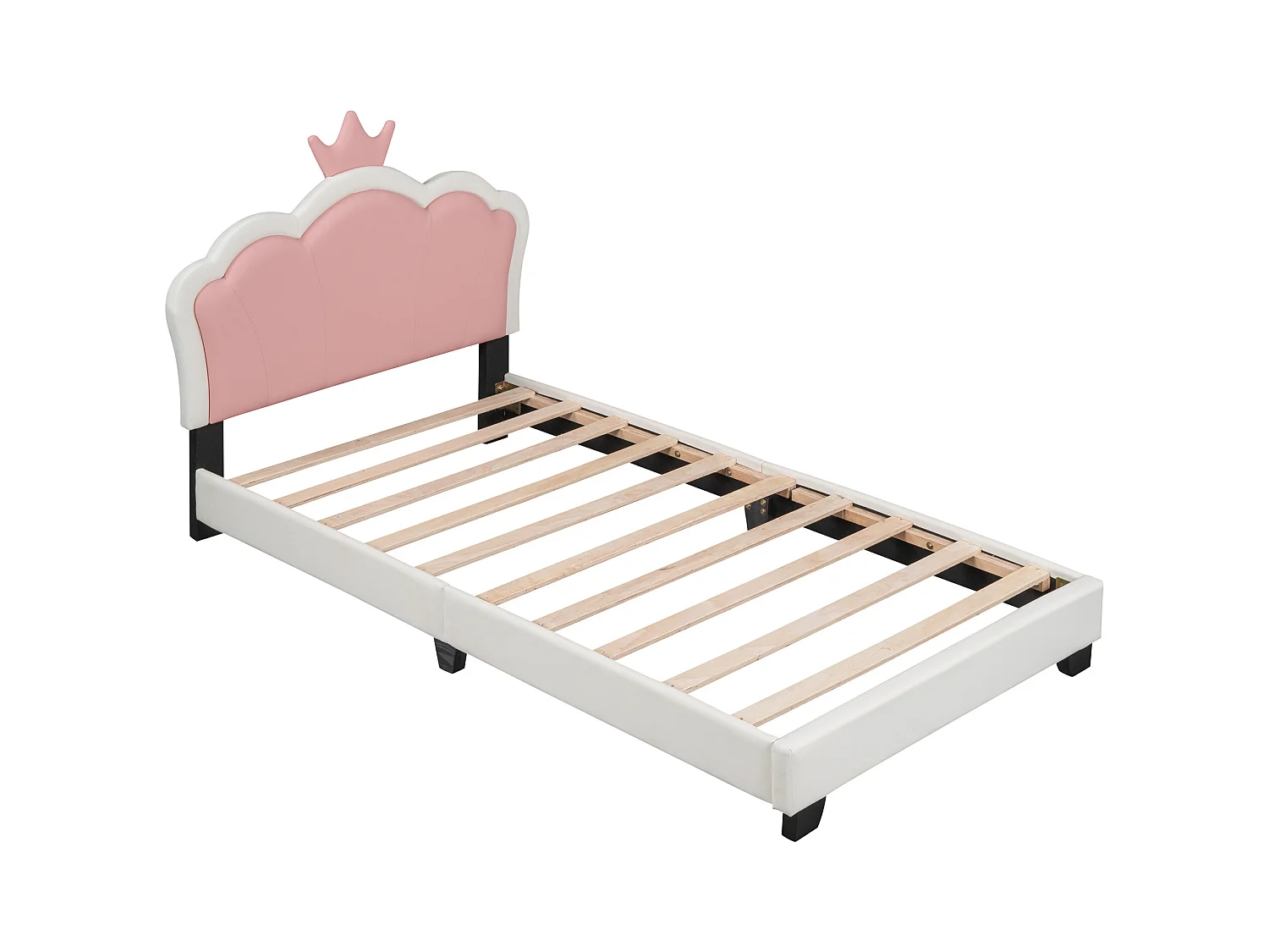 Cama infantil de 90 x 200 cm con cabecero en forma de corona, tapizada en polipiel, para niña, rosa + blanco