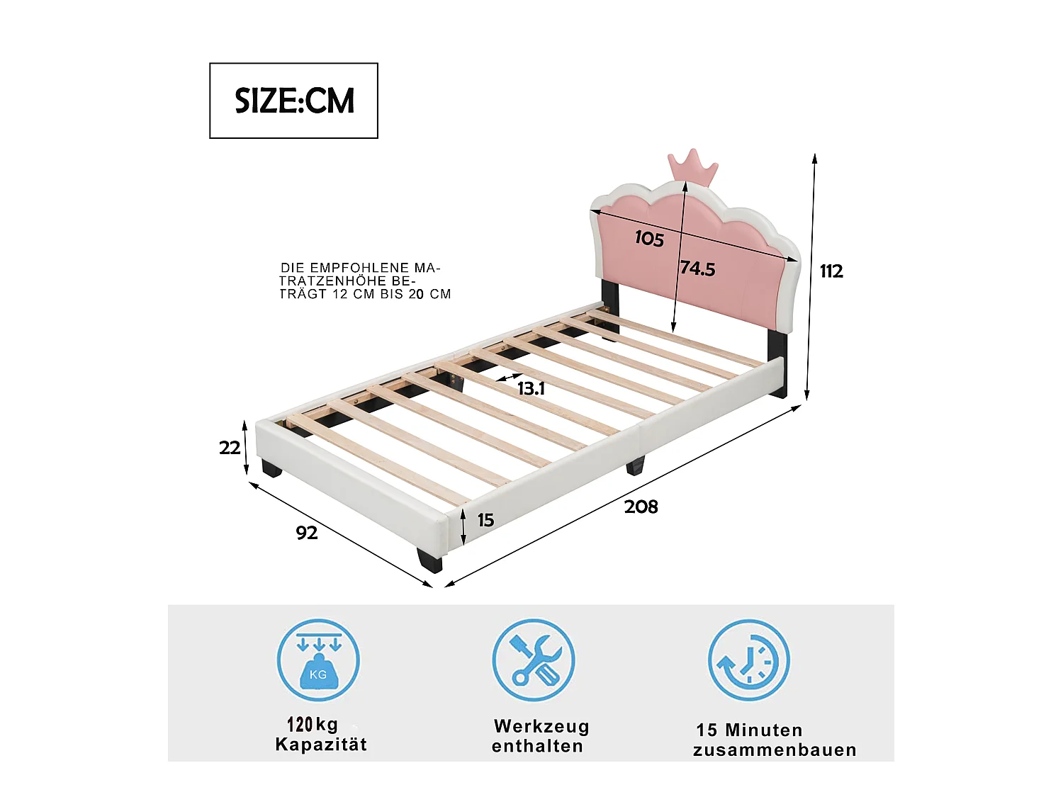 Cama infantil de 90 x 200 cm con cabecero en forma de corona, tapizada en polipiel, para niña, rosa + blanco