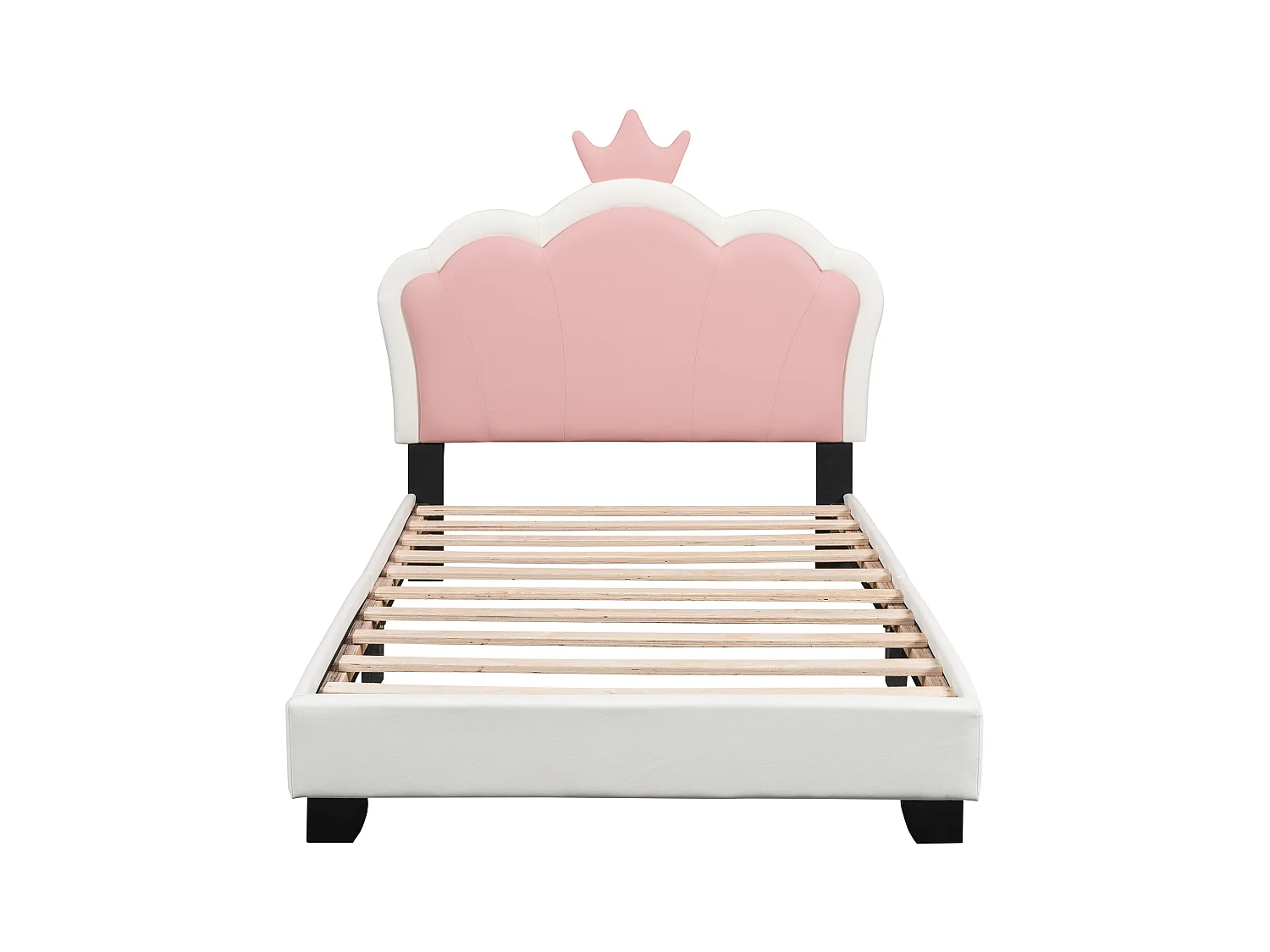 Cama infantil de 90 x 200 cm con cabecero en forma de corona, tapizada en polipiel, para niña, rosa + blanco