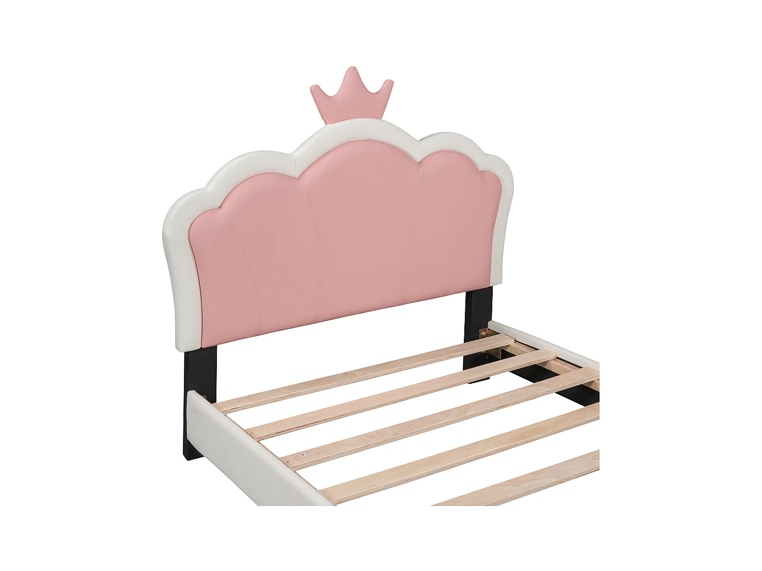 Cama infantil de 90 x 200 cm con cabecero en forma de corona, tapizada en polipiel, para niña, rosa + blanco