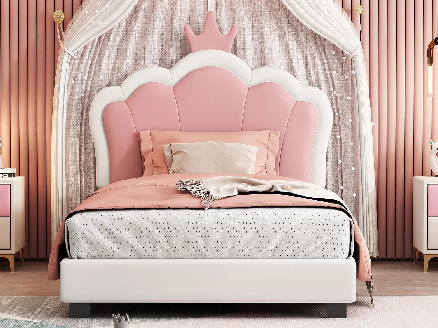 Lit enfant 90 x 200 cm avec tête de lit en forme courronne, rembourré en similicuir, pour fille, rose + blanc