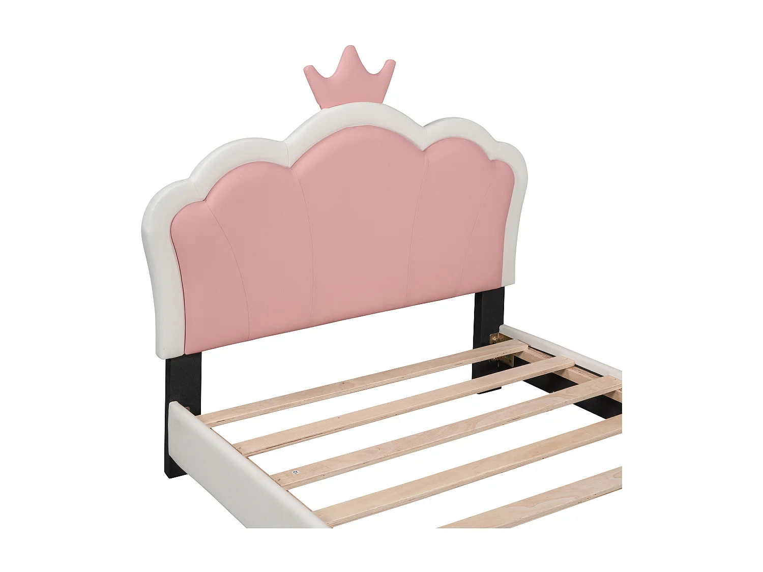 Lit enfant 90 x 200 cm avec tête de lit en forme courronne, rembourré en similicuir, pour fille, rose + blanc