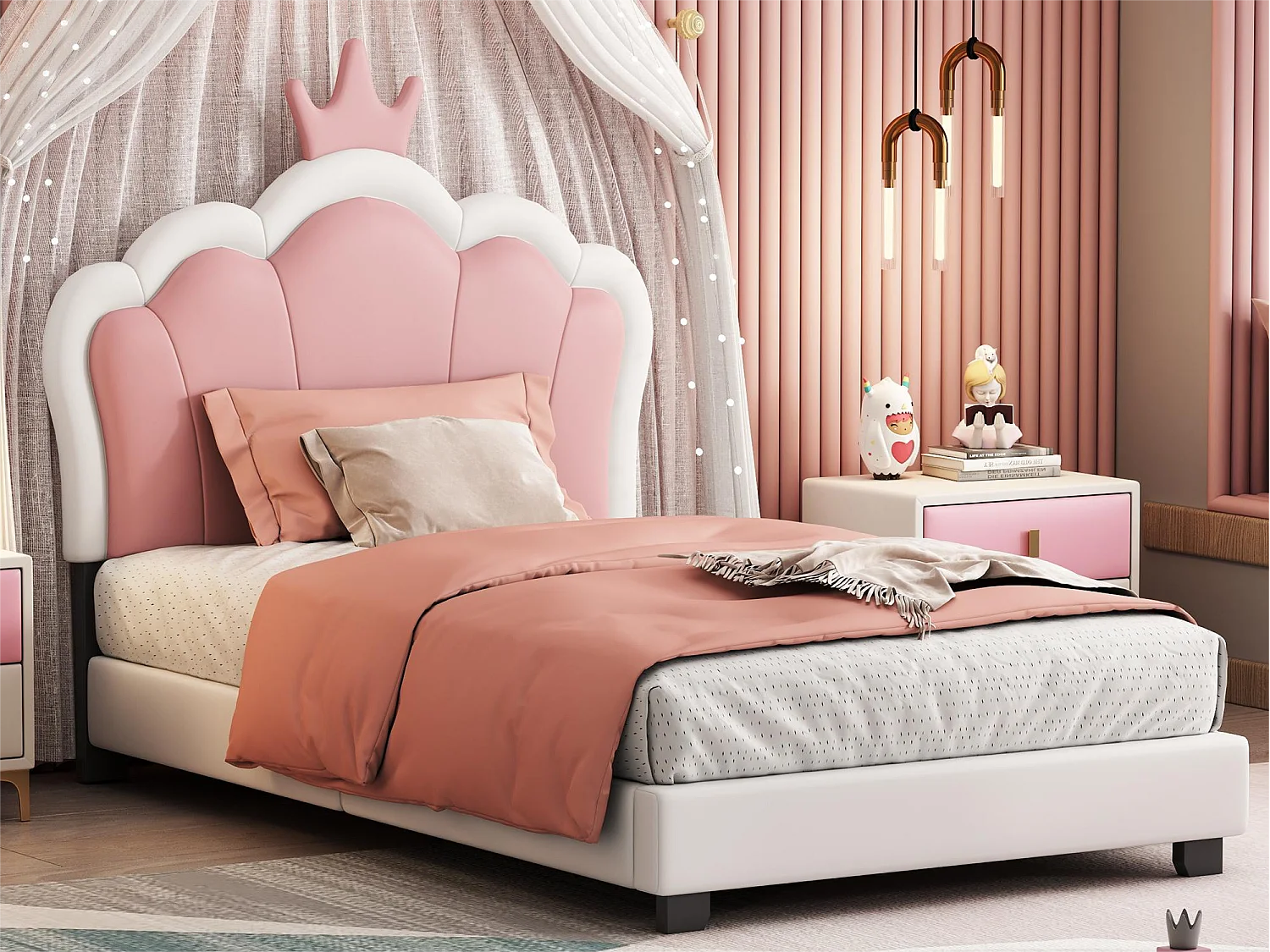 Lit enfant 90 x 200 cm avec tête de lit en forme courronne, rembourré en similicuir, pour fille, rose + blanc