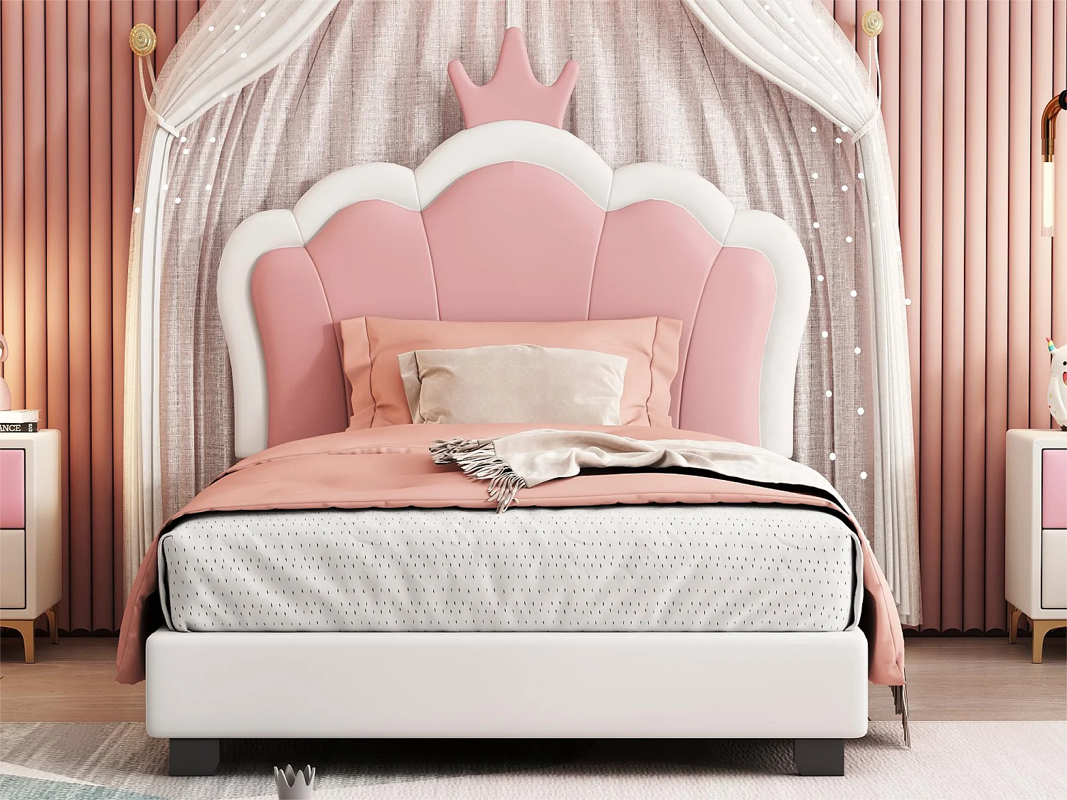 Lit enfant 90 x 200 cm avec tête de lit en forme courronne, rembourré en similicuir, pour fille, rose + blanc