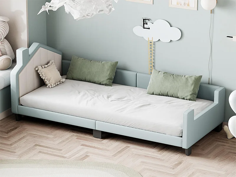 Lit capitonné 90 x 200 cm, lit enfant, canapé-lit en similicuir avec tête et pied de lit, sommier à lattes, bleu clair