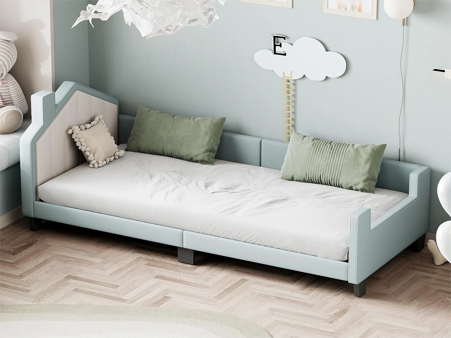 Lit capitonné 90 x 200 cm, lit enfant, canapé-lit en similicuir avec tête et pied de lit, sommier à lattes, bleu clair