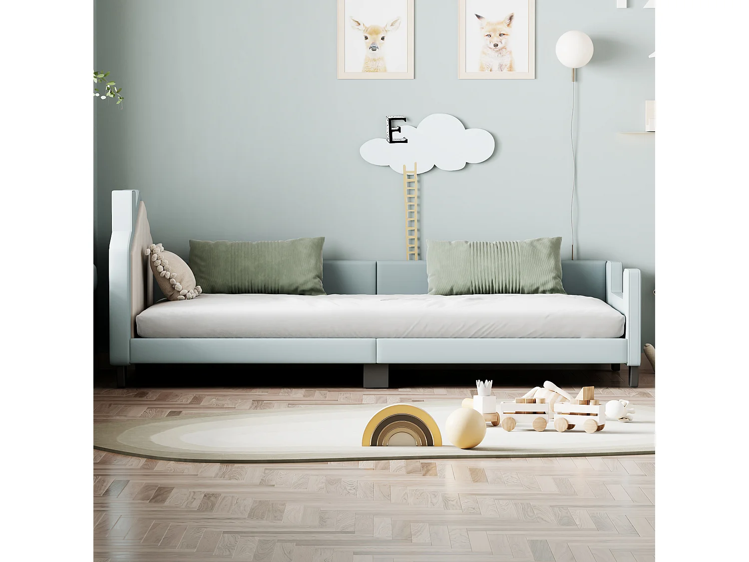 Lit capitonné 90 x 200 cm, lit enfant, canapé-lit en similicuir avec tête et pied de lit, sommier à lattes, bleu clair