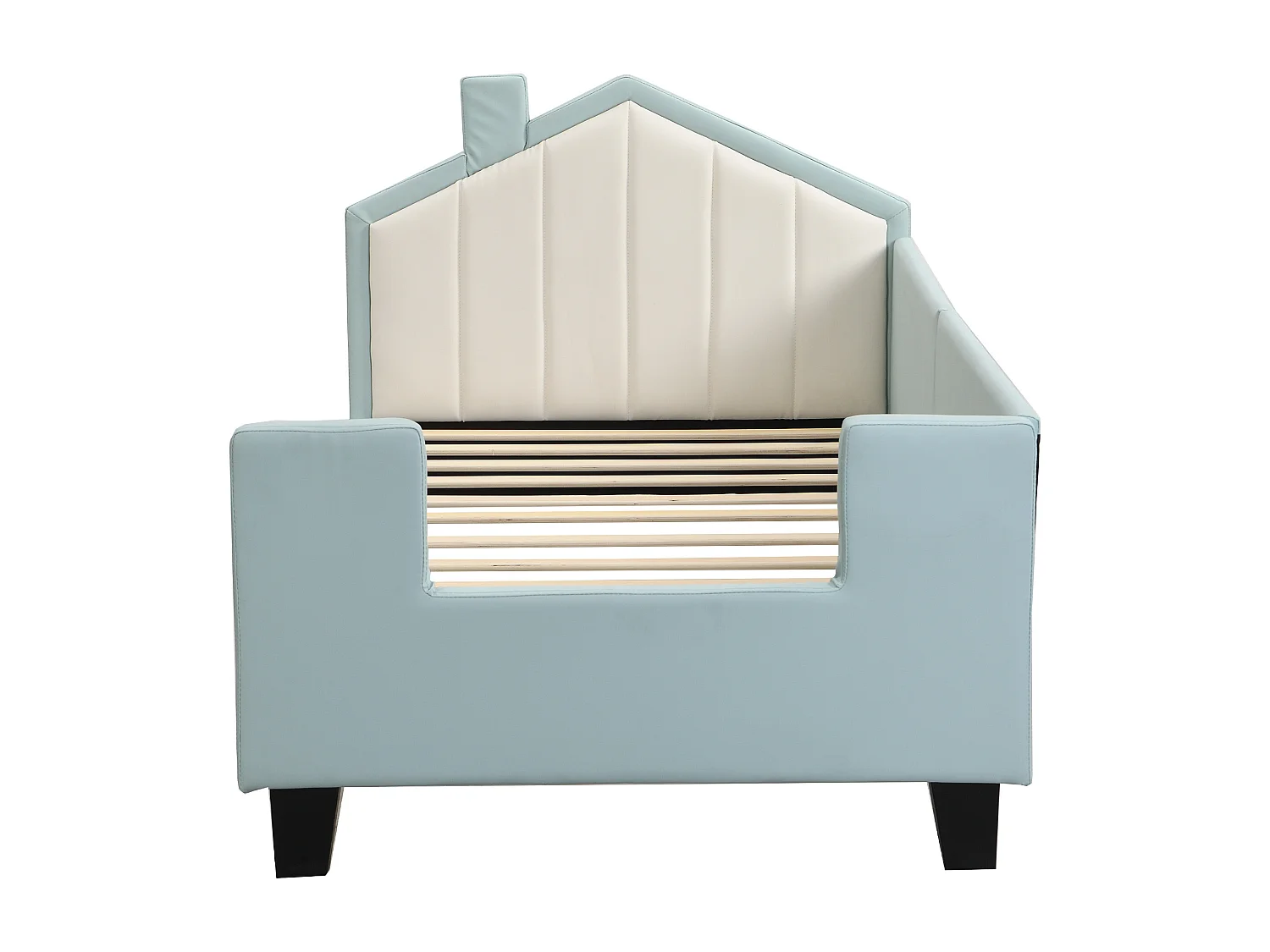 Lit capitonné 90 x 200 cm, lit enfant, canapé-lit en similicuir avec tête et pied de lit, sommier à lattes, bleu clair