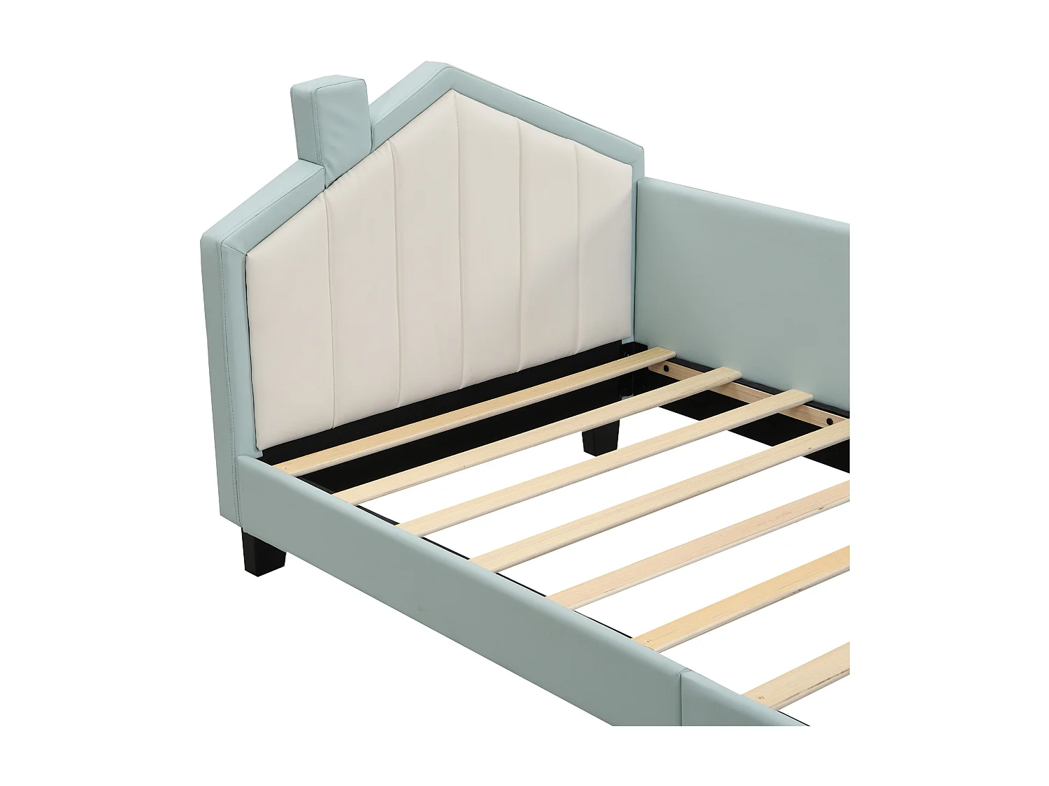 Lit capitonné 90 x 200 cm, lit enfant, canapé-lit en similicuir avec tête et pied de lit, sommier à lattes, bleu clair