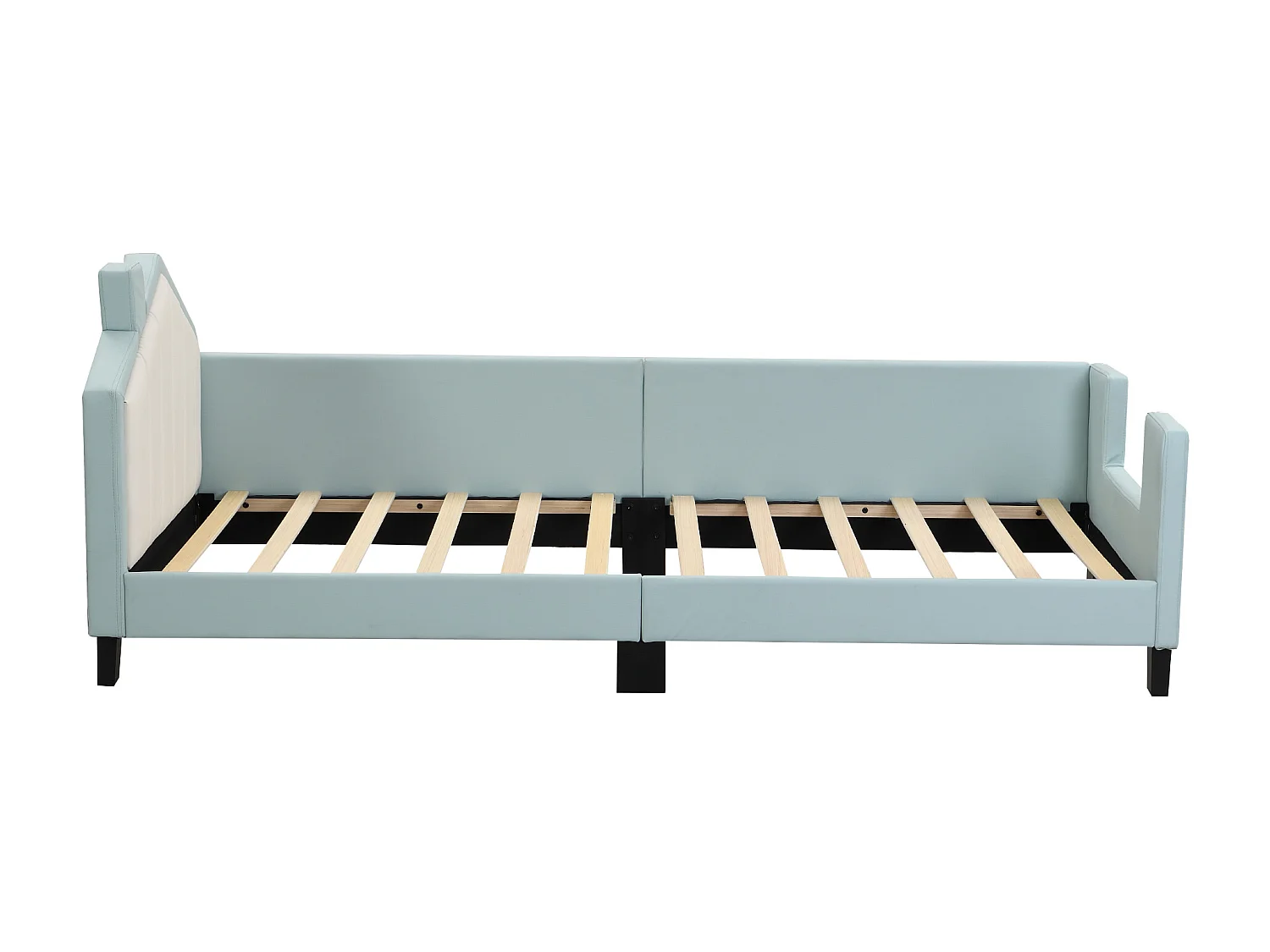 Lit capitonné 90 x 200 cm, lit enfant, canapé-lit en similicuir avec tête et pied de lit, sommier à lattes, bleu clair