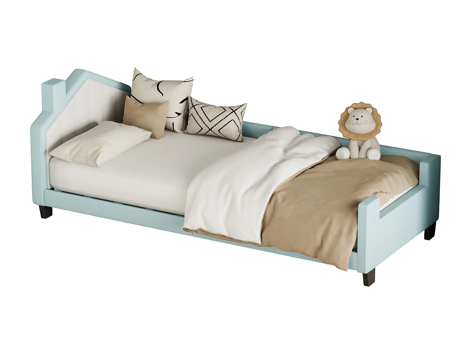 Lit capitonné 90 x 200 cm, lit enfant, canapé-lit en similicuir avec tête et pied de lit, sommier à lattes, bleu clair