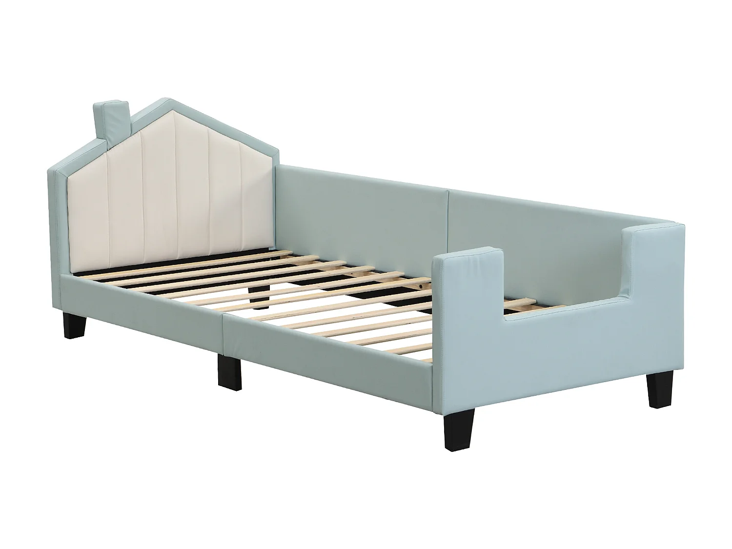 Lit capitonné 90 x 200 cm, lit enfant, canapé-lit en similicuir avec tête et pied de lit, sommier à lattes, bleu clair