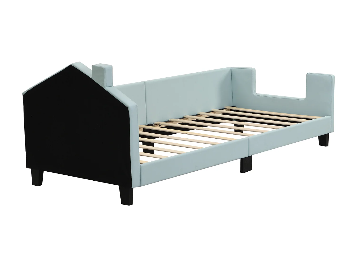 Lit capitonné 90 x 200 cm, lit enfant, canapé-lit en similicuir avec tête et pied de lit, sommier à lattes, bleu clair