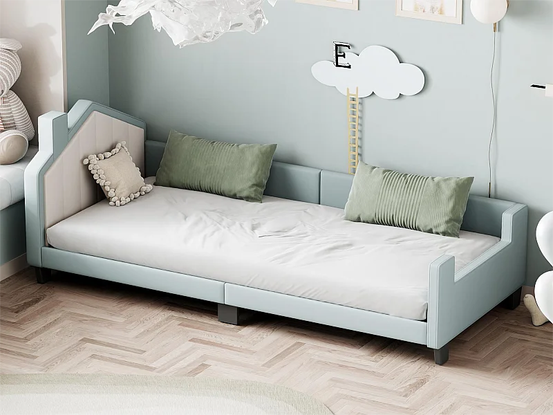 Lit capitonné 90 x 200 cm, lit enfant, canapé-lit en similicuir avec tête et pied de lit, sommier à lattes, bleu clair