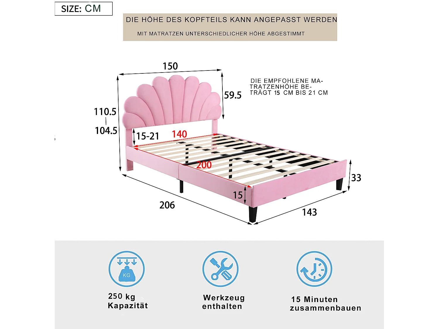 Lit double avec tête de lit - 140 x 200 cm - velours - sommier à lattes - rose