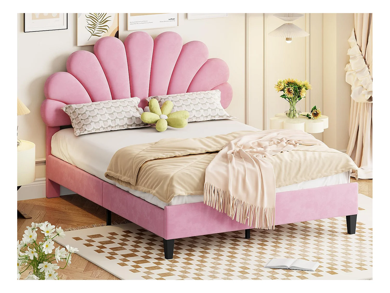 Lit double avec tête de lit - 140 x 200 cm - velours - sommier à lattes - rose