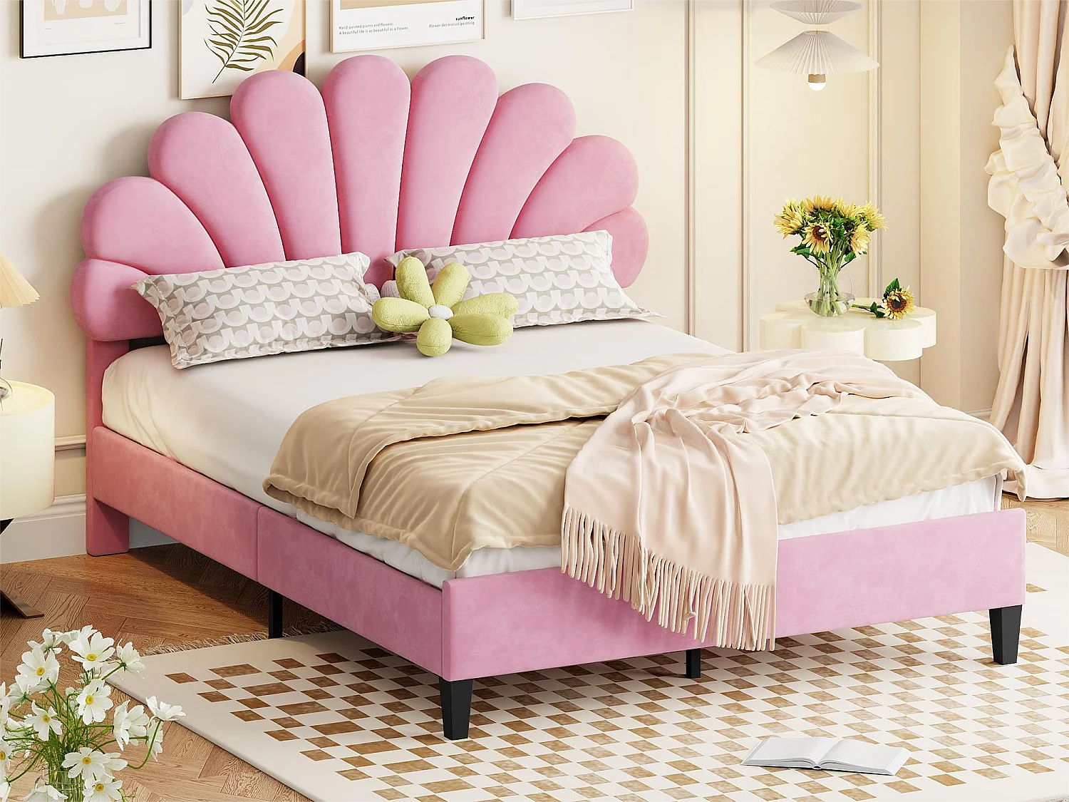 Cama de casal com cabeceira - 140 x 200 cm - veludo - base de ripas - rosa