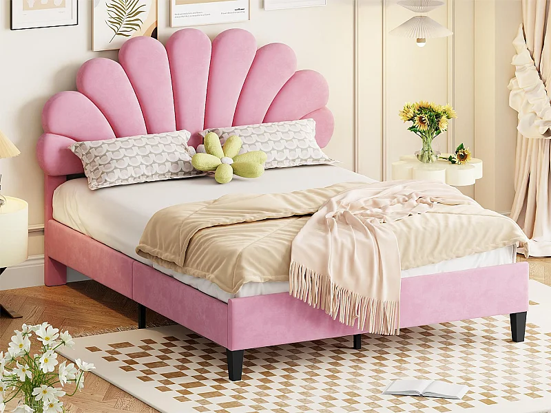 Lit double avec tête de lit - 140 x 200 cm - velours - sommier à lattes - rose