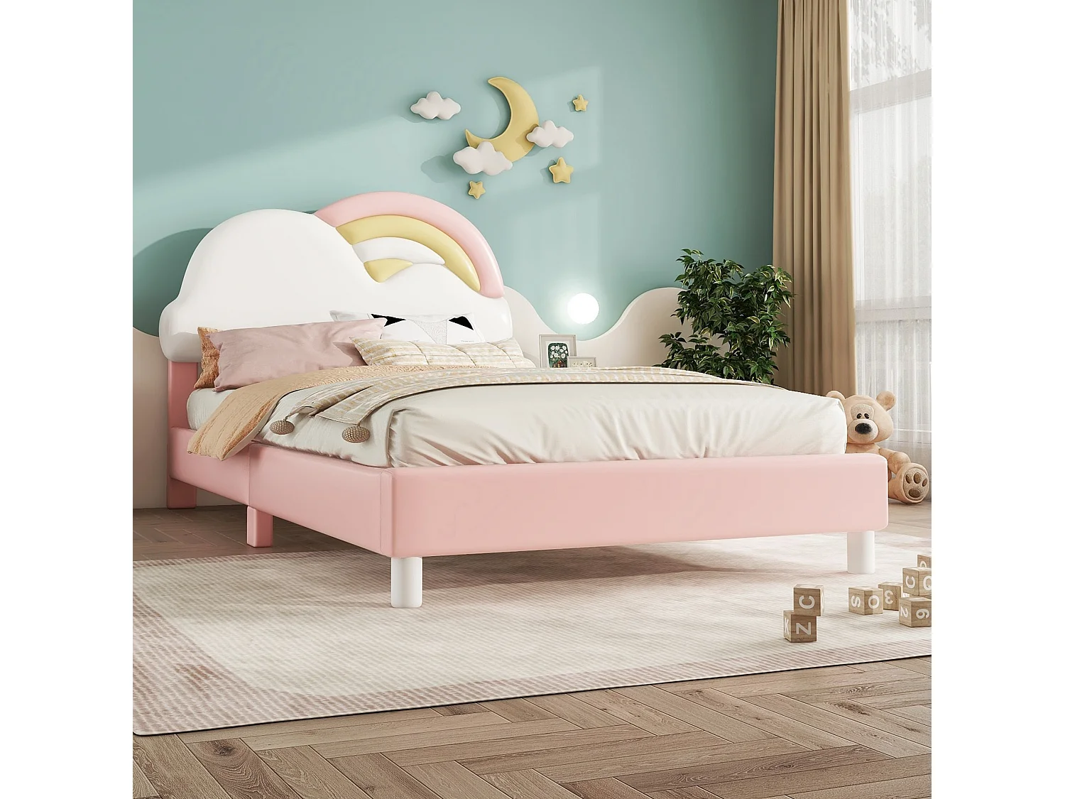 Letto per bambini con testiera a forma di nuvola - 90 x 200 cm - similpelle - rete a doghe in legno - rosa