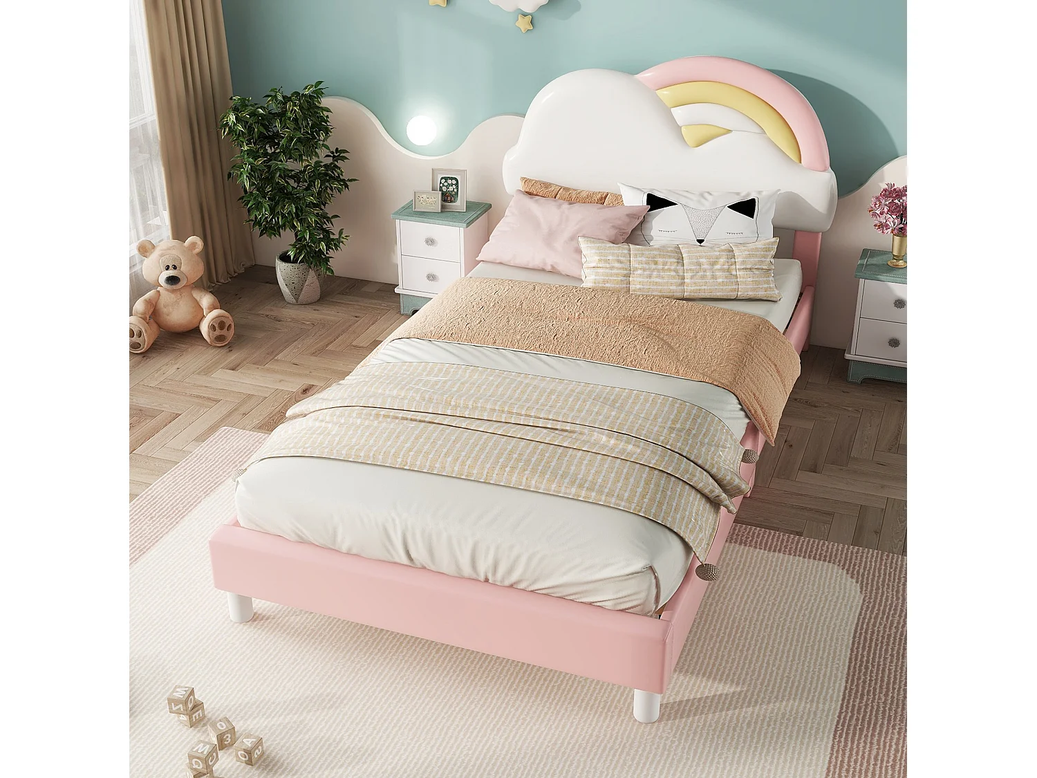 Letto per bambini con testiera a forma di nuvola - 90 x 200 cm - similpelle - rete a doghe in legno - rosa