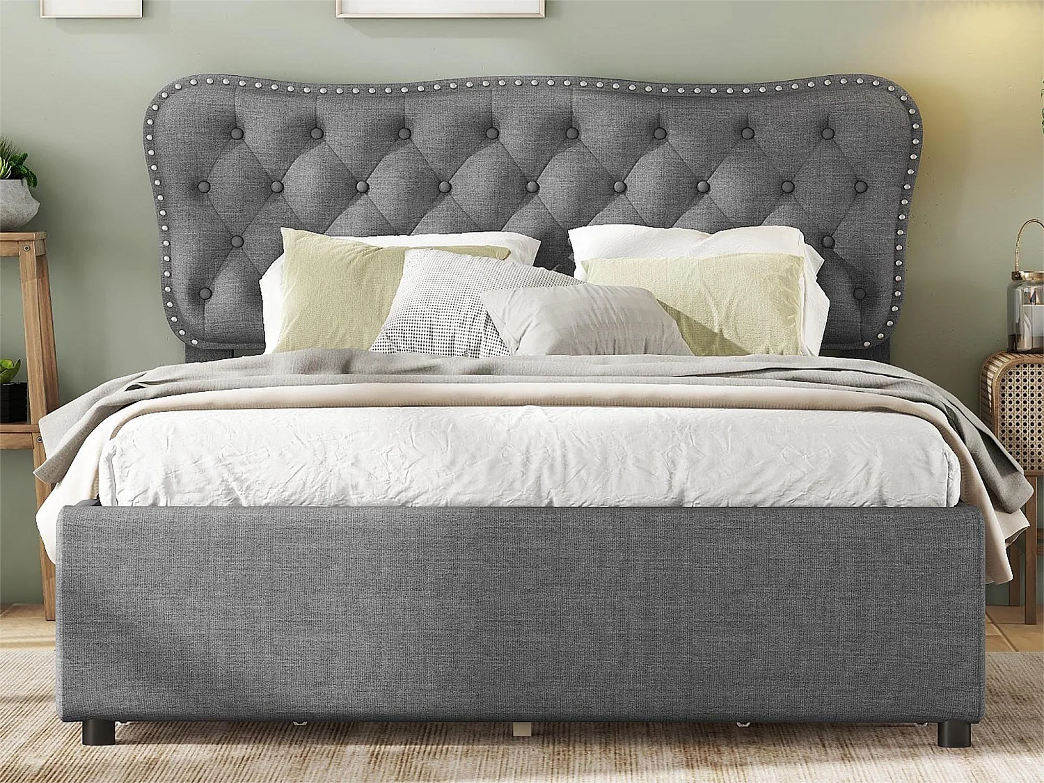 Lit capitonné 140 x 200 cm avec 4 tiroirs pour adulte - tissu lin - gris