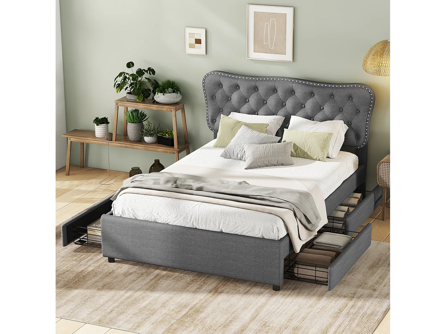 Lit capitonné 140 x 200 cm avec 4 tiroirs pour adulte - tissu lin - gris