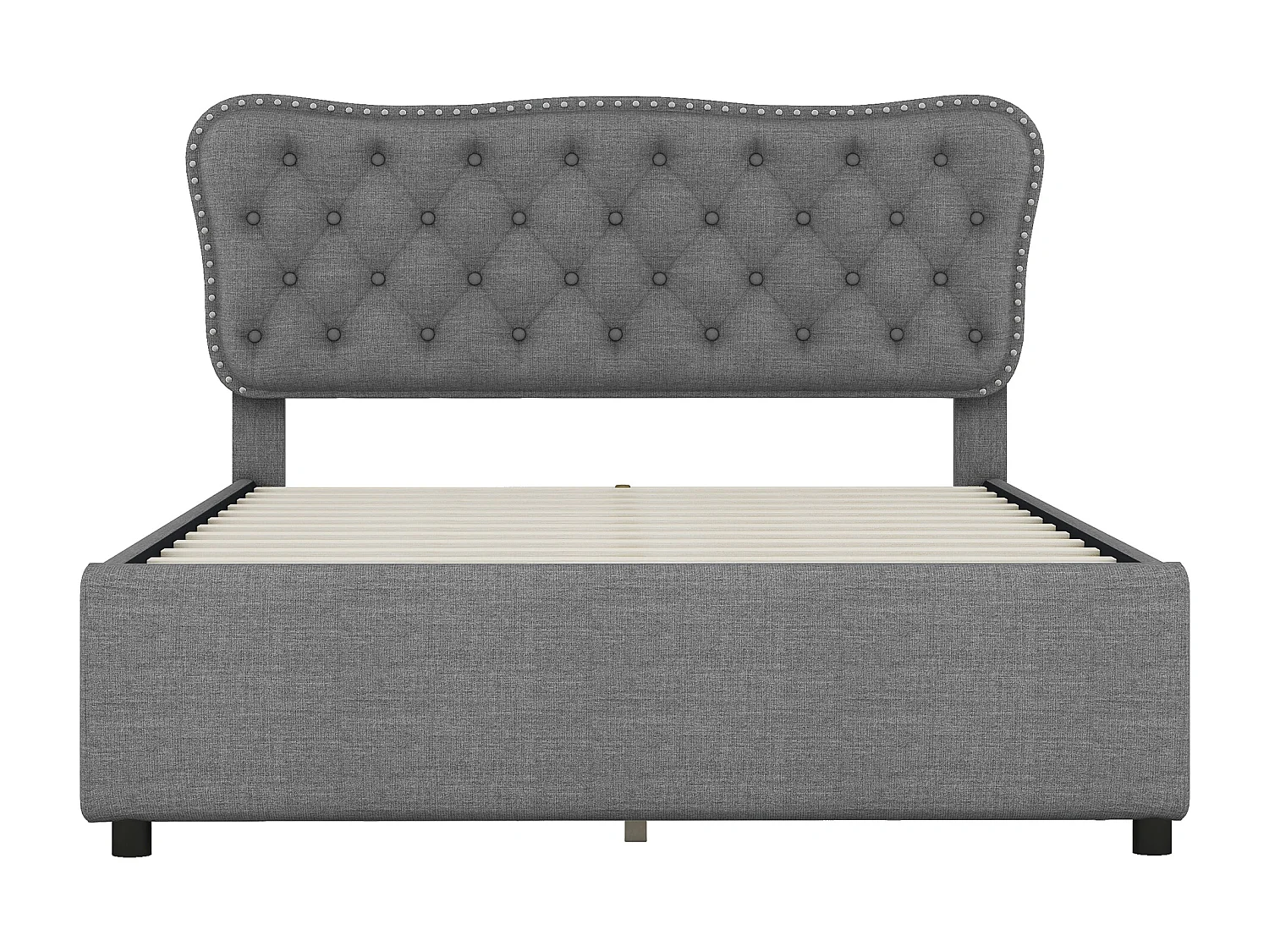 Lit capitonné 140 x 200 cm avec 4 tiroirs pour adulte - tissu lin - gris