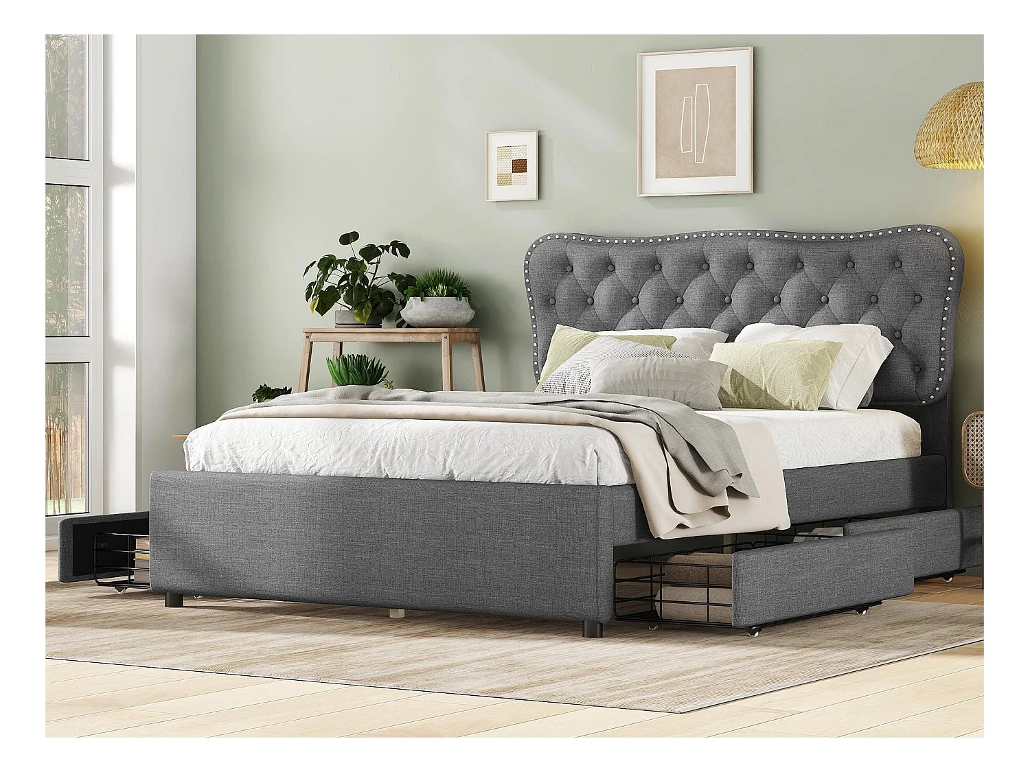 Lit capitonné 140 x 200 cm avec 4 tiroirs pour adulte - tissu lin - gris
