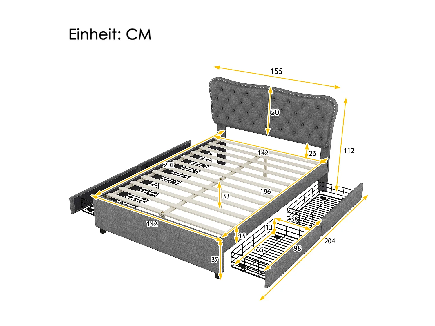 Gestoffeerd bed 140 x 200 cm met 4 laden voor volwassenen - linnenstof - grijs
