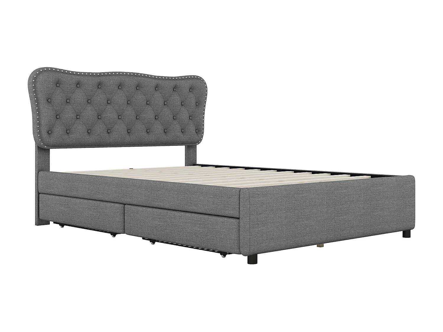 Gestoffeerd bed 140 x 200 cm met 4 laden voor volwassenen - linnenstof - grijs