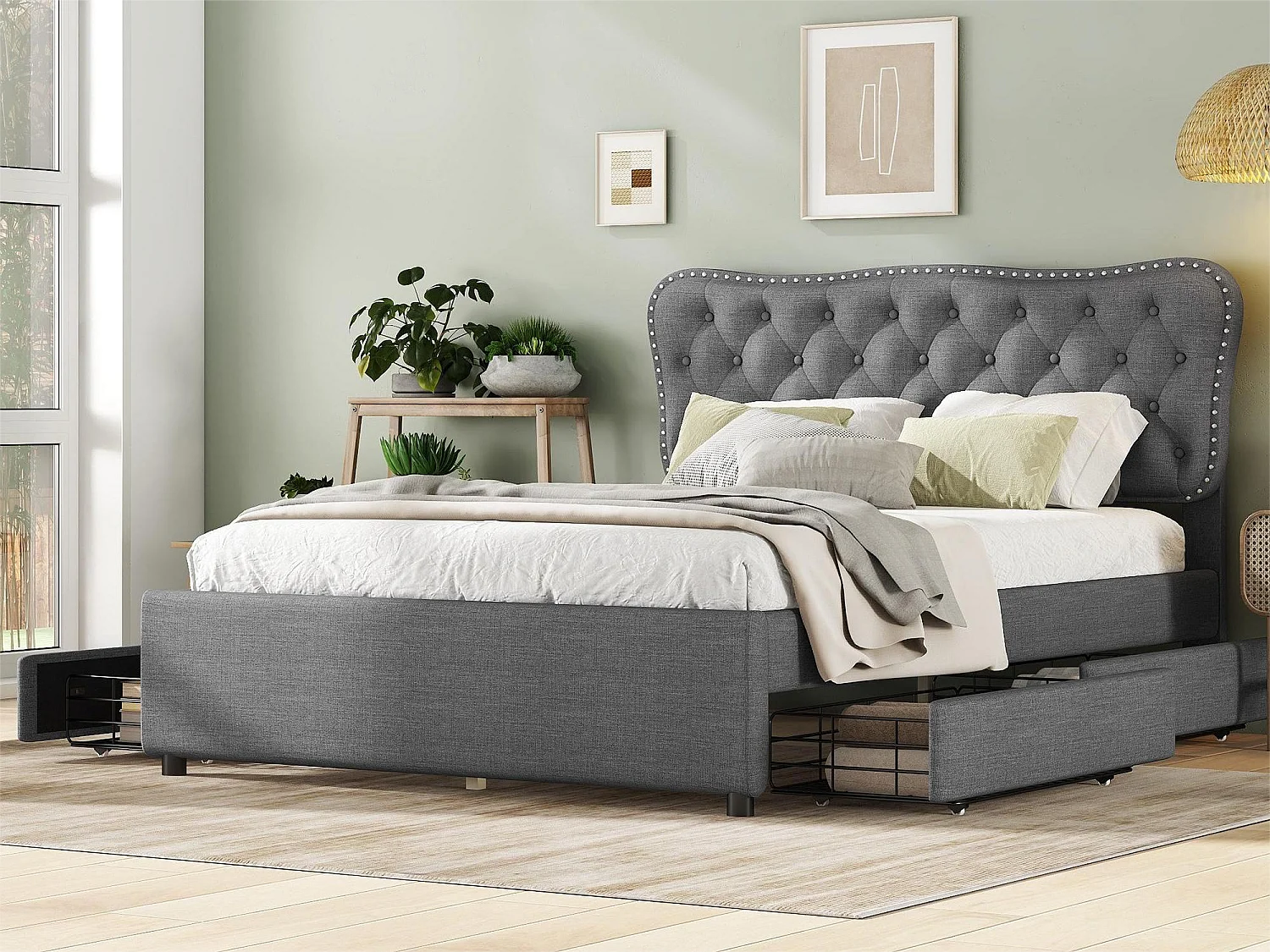 Lit capitonné 140 x 200 cm avec 4 tiroirs pour adulte - tissu lin - gris