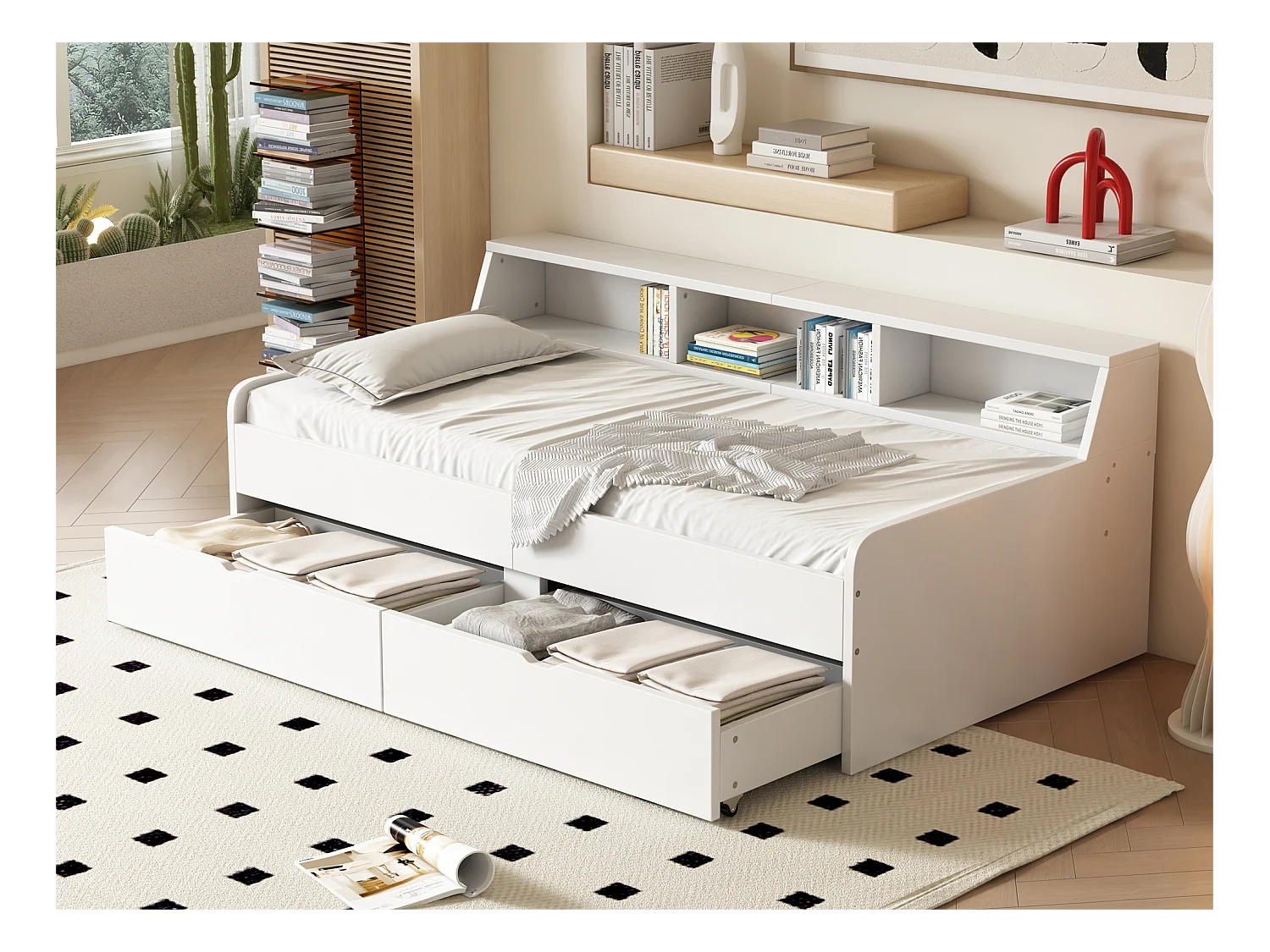 Kinderbed 90 x 200 cm met 2 lades en opbergplanken, grenenhout en MDF, wit