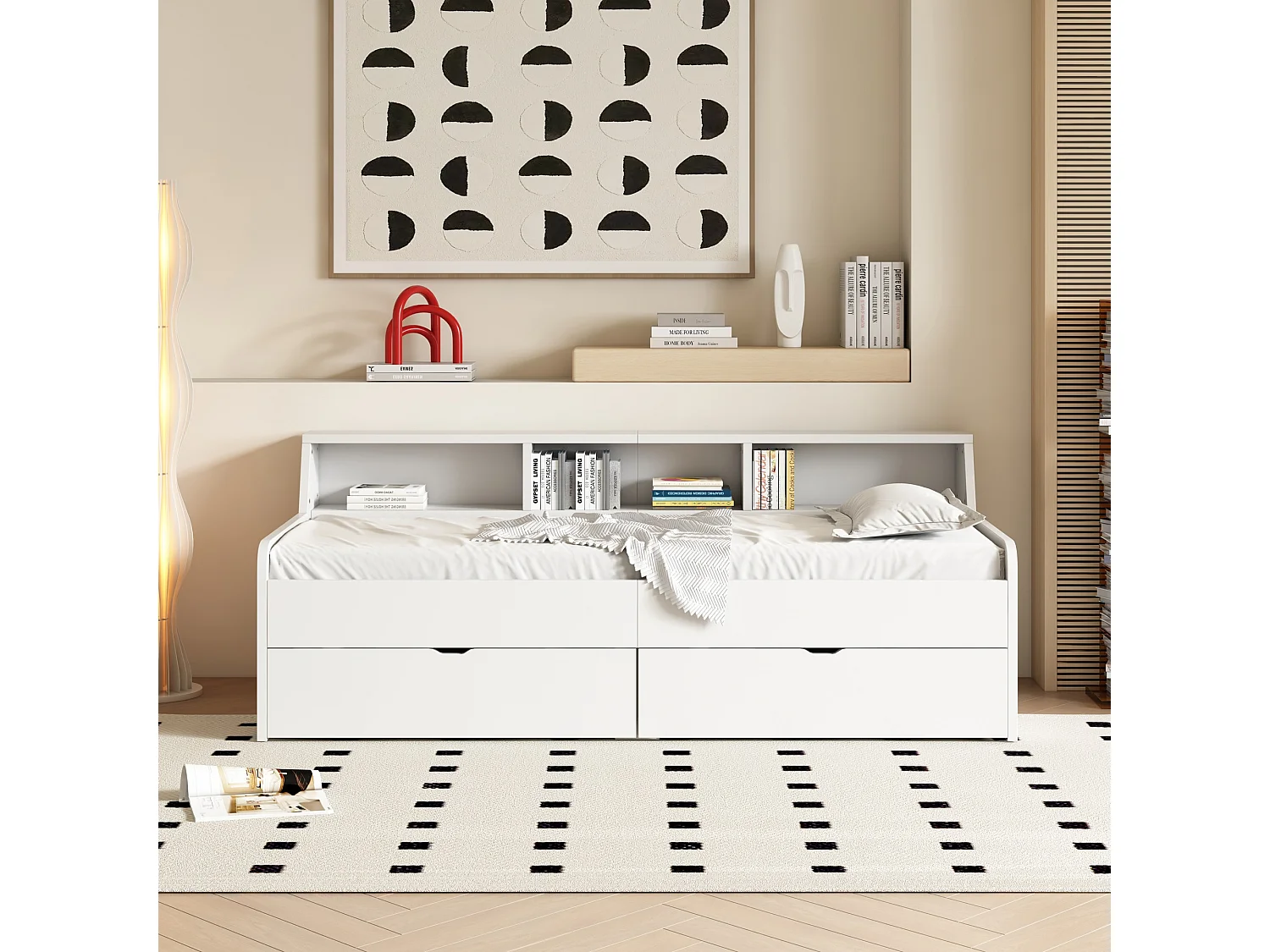 Lit enfant 90 x 200 cm avec 2 tiroirs et étagères de rangement, bois pin et MDF, blanc