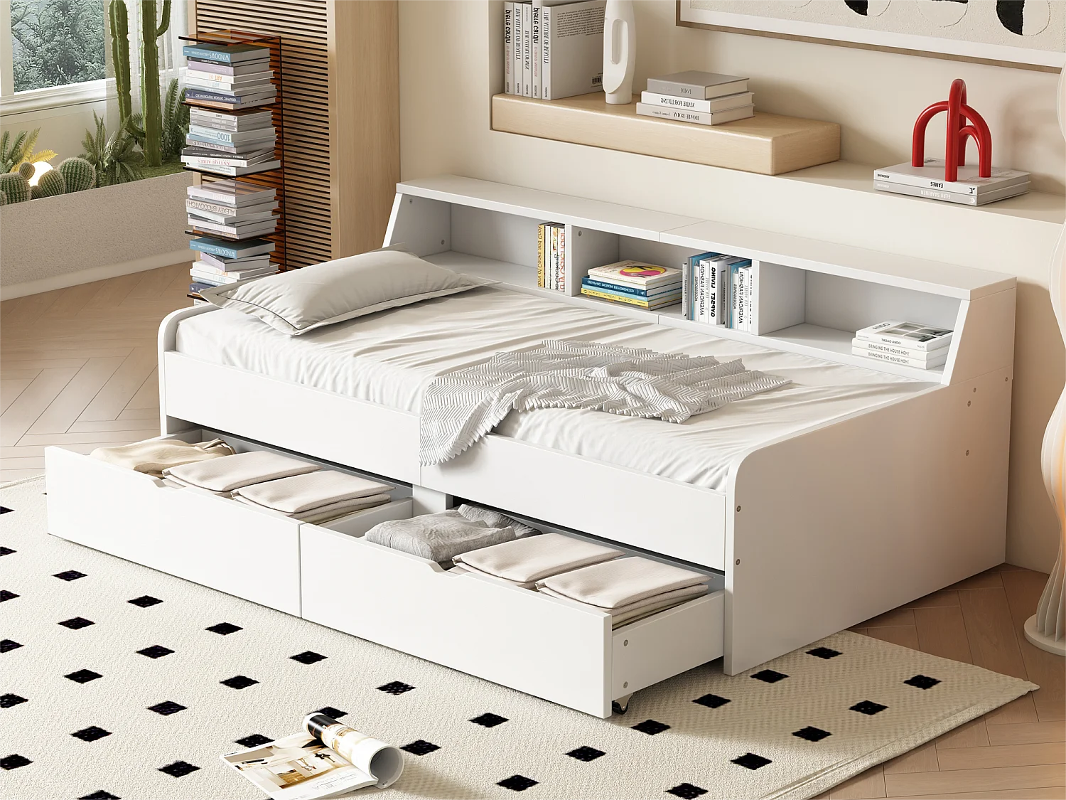 Kinderbed 90 x 200 cm met 2 lades en opbergplanken, grenenhout en MDF, wit