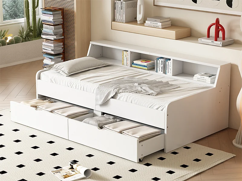 Kinderbed 90 x 200 cm met 2 lades en opbergplanken, grenenhout en MDF, wit