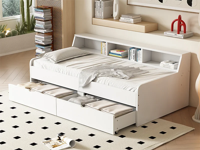 Kinderbett 90 x 200 cm mit 2 Schubladen und Ablageflächen, Kiefernholz und MDF, weiß