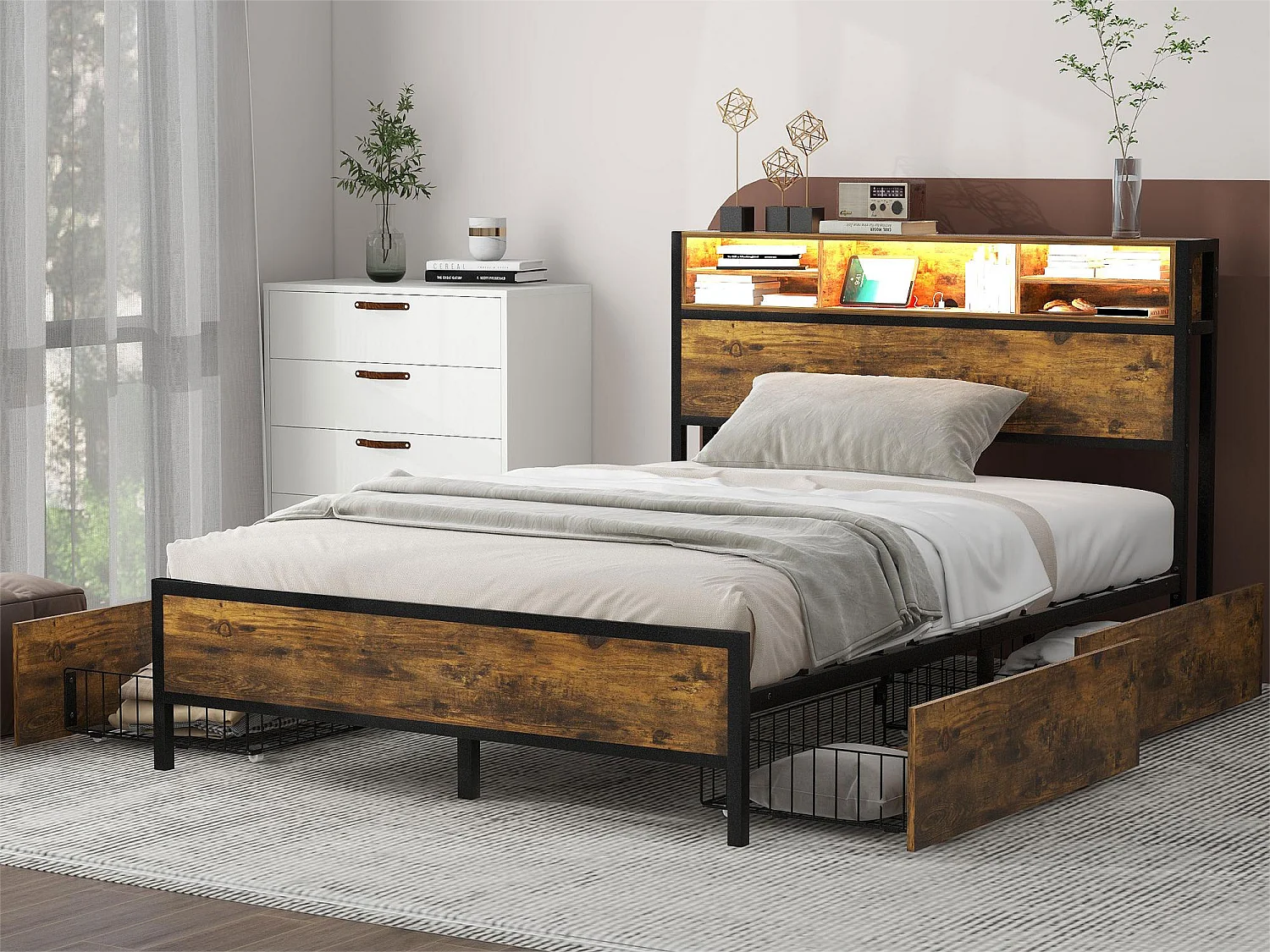 Lit double avec rangement de tête de lit et 4 tiroirs - 140 x 200 cm - LEDs et prise USB - bois MDF et métal - style industriel - marron