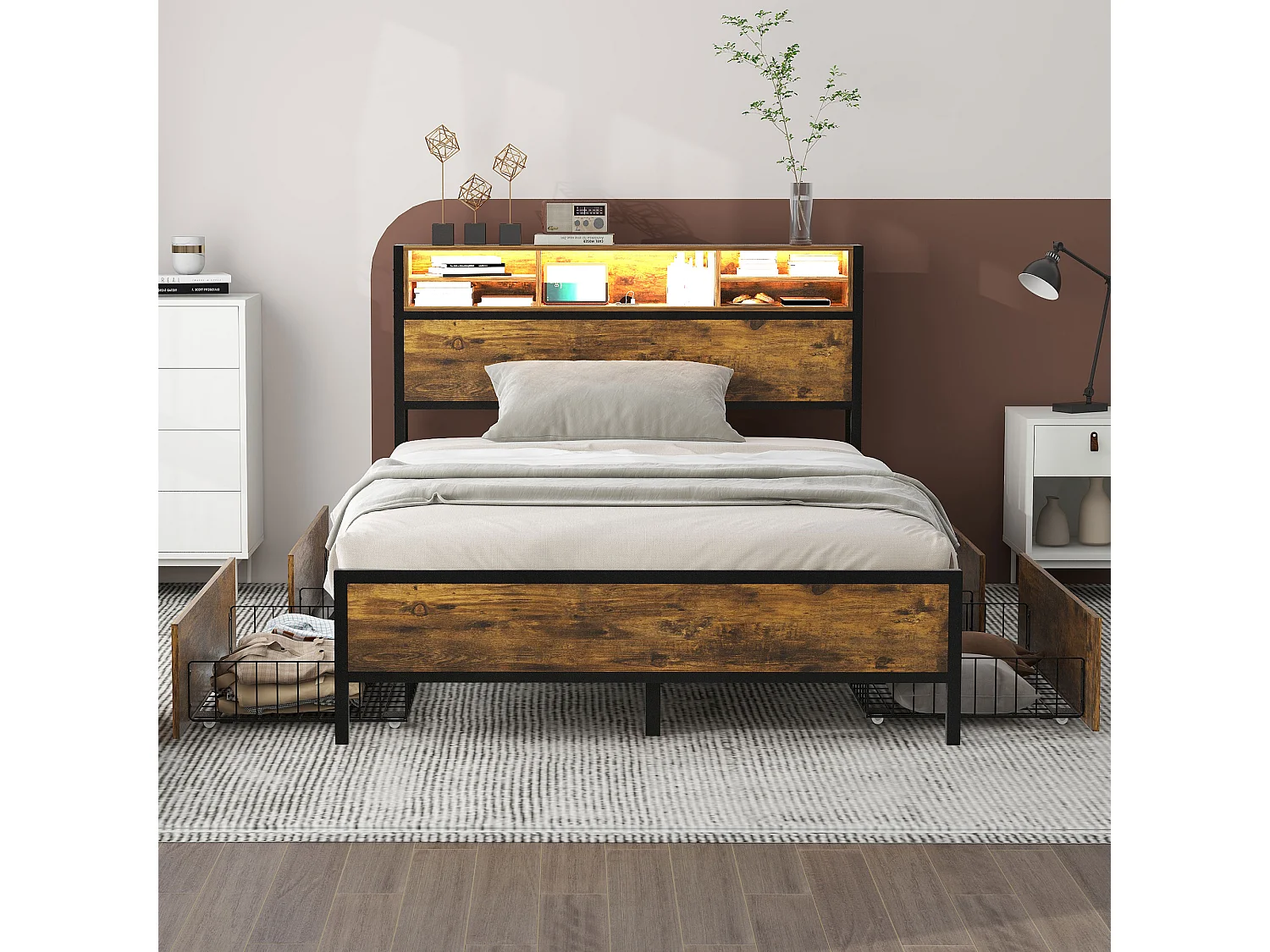 Lit double avec rangement de tête de lit et 4 tiroirs - 140 x 200 cm - LEDs et prise USB - bois MDF et métal - style industriel - marron