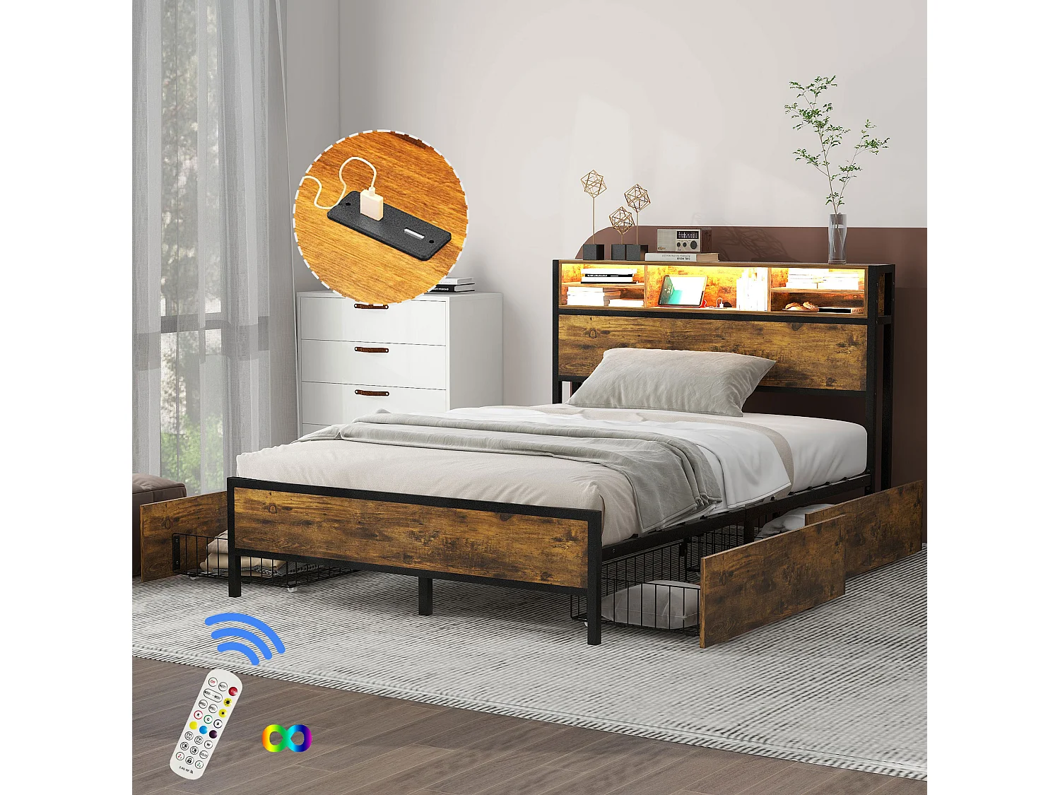 Lit double avec rangement de tête de lit et 4 tiroirs - 140 x 200 cm - LEDs et prise USB - bois MDF et métal - style industriel - marron