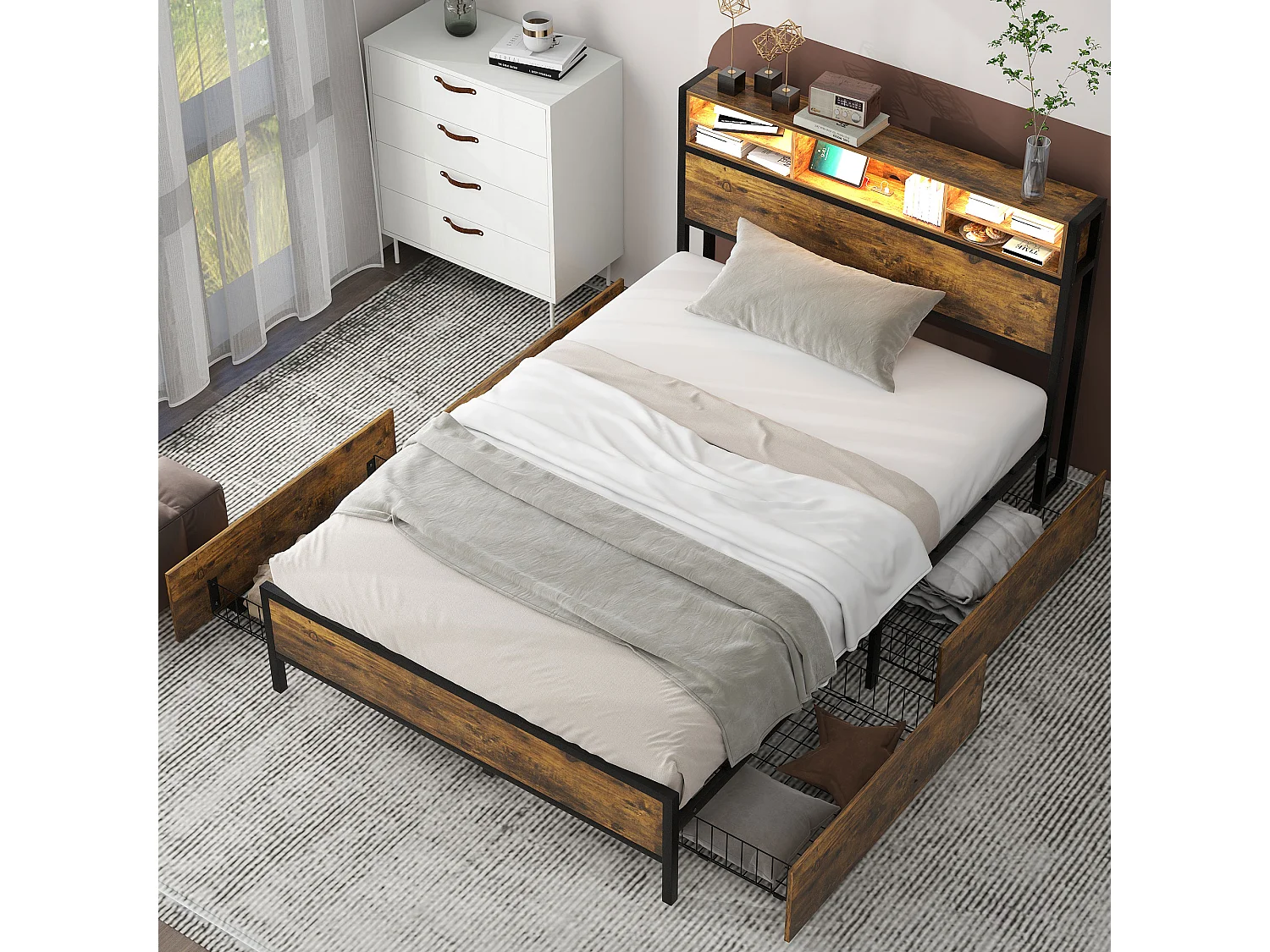 Lit double avec rangement de tête de lit et 4 tiroirs - 140 x 200 cm - LEDs et prise USB - bois MDF et métal - style industriel - marron