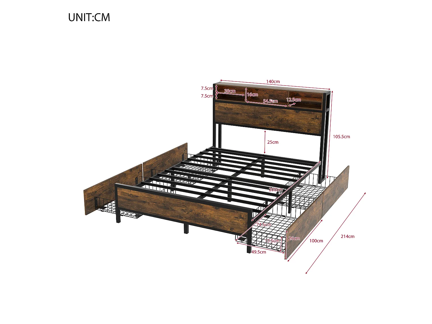 Lit double avec rangement de tête de lit et 4 tiroirs - 140 x 200 cm - LEDs et prise USB - bois MDF et métal - style industriel - marron