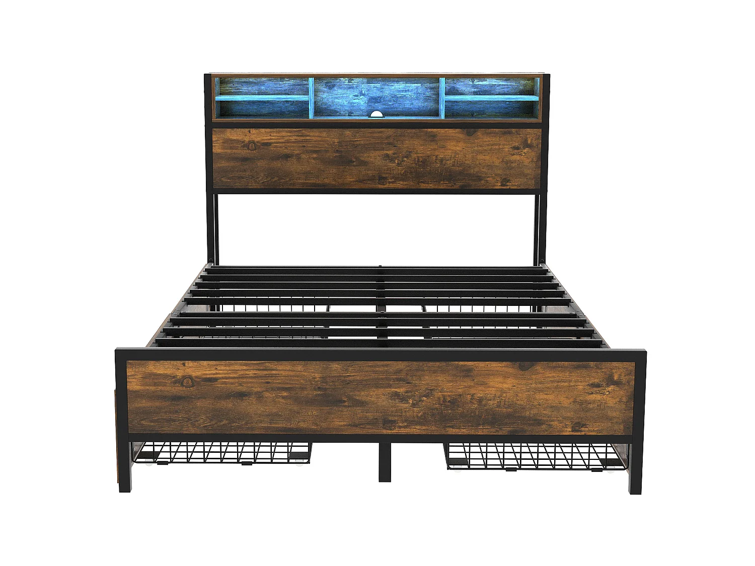 Lit double avec rangement de tête de lit et 4 tiroirs - 140 x 200 cm - LEDs et prise USB - bois MDF et métal - style industriel - marron