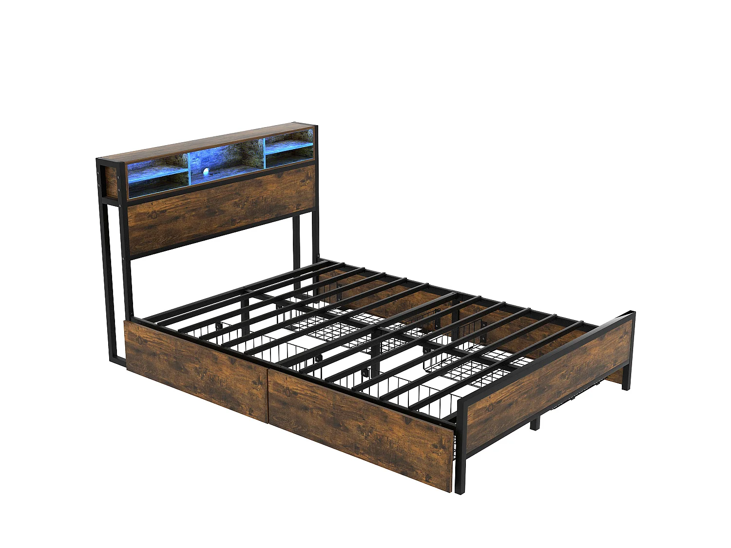 Lit double avec rangement de tête de lit et 4 tiroirs - 140 x 200 cm - LEDs et prise USB - bois MDF et métal - style industriel - marron